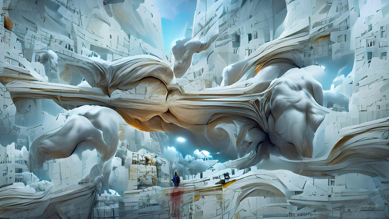 A better future isn't better for everyone - artwork showing a a woman in a baclava standing near a bridge in a futuristic, dystopian setting. Part of the Human error art series by Rudolf Boogerman