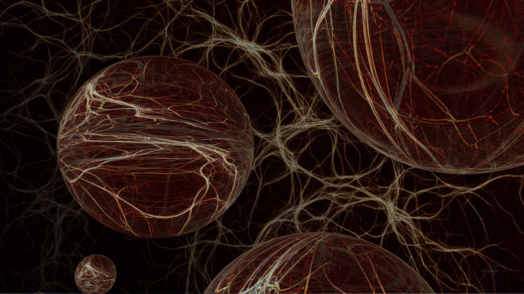 Neural network #4, an abstract digital artwork showing dark spherical forms interconnected by glowing, thread-like lines, evoking neurons, synapses, and organic data flow within a shadowed, immersive space.